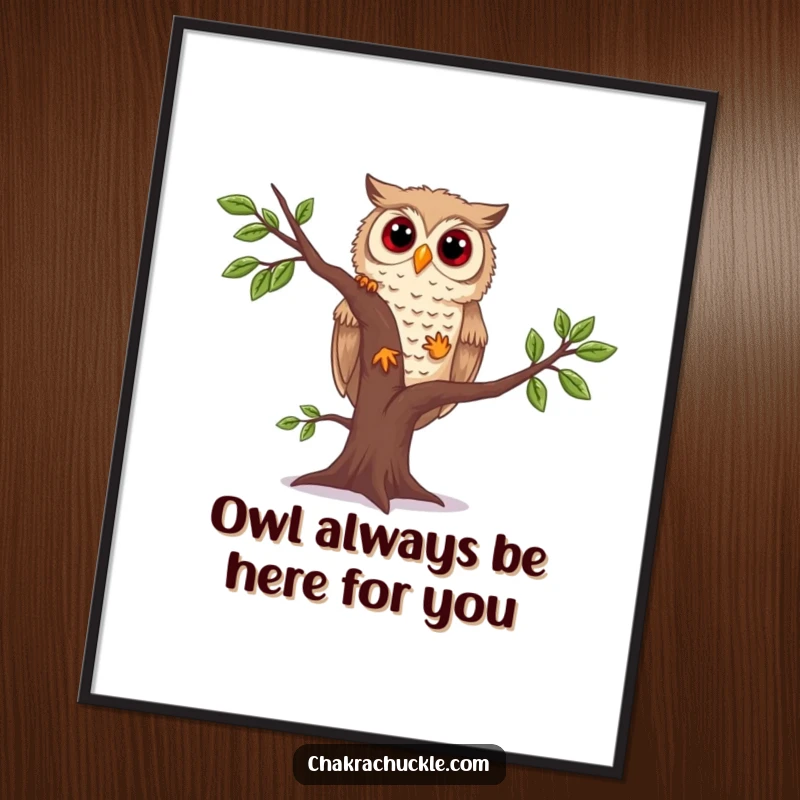 Funny Free Printable Wall Art: A curious owl humorously attempting a wobbly tree pose, adding character to your room.
