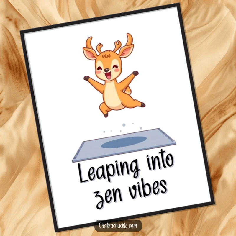 Funny Free Printable Wall Art: Delighted kawaii deer leaps joyfully over a yoga mat, whimsical downloadable decor.