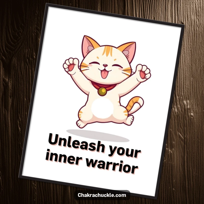 Funny Free Printable Wall Art: a cat strikes a warrior pose with paws in the air, bursting with glee.