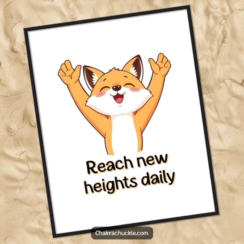 Funny Free Printable Wall Art: a joyful fox stretches its arms up to the sky, radiating happiness and positivity.