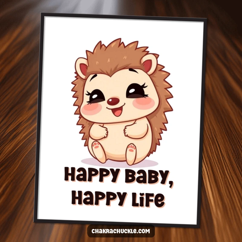 Funny Free Printable wall art of a giggling hedgehog in a baby pose, holding its feet, adding cute and humorous charm.