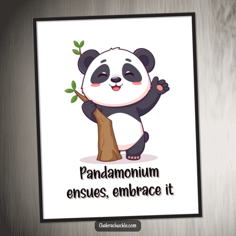 Funny Free Printable Wall Art of a grinning panda attempting a wobbly tree pose, bringing humor to any room.