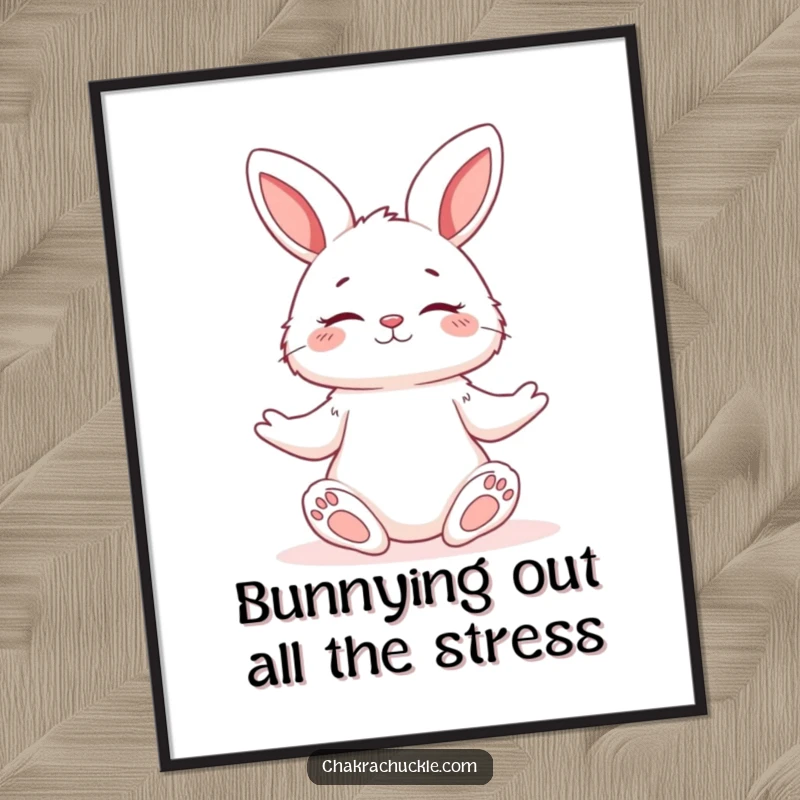 Funny Free Printable Wall Art: A fluffy bunny in a relaxed yoga pose, eyes closed with a serene smile. Peaceful and humorous decor.