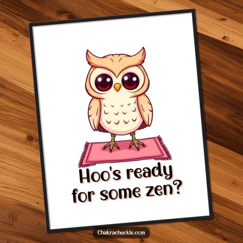Funny Free Printable Wall Art: A curious owl with wide, observant eyes balancing perfectly on a tiny yoga mat.