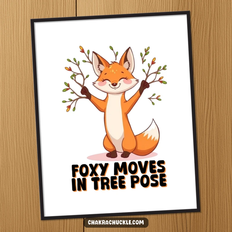 Funny Free Printable wall art showing a smiling fox in a graceful tree pose with branches reaching out.