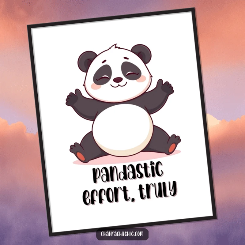 Funny Free Printable Wobbly Panda Yoga Art: Giggling panda dramatically failing a yoga pose, a hilarious and charming piece of downloadable art.