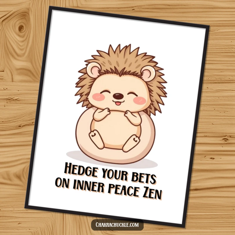 Funny Free Printable Wall Art: Happy hedgehog meditating, rolled into a perfectly zen ball, offering humorous relaxation.