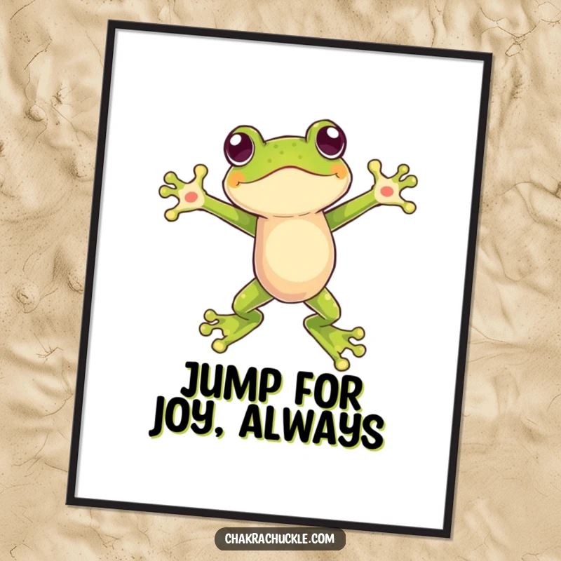 Funny Free Printable Wall Art of a frog mid-leap with arms open wide, exuding dynamic energy and playful charm.