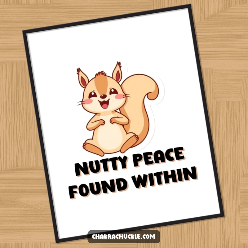 Funny Free Printable Wall Art: Cheerful kawaii squirrel energetically jumps into meditation, whimsical downloadable decor.