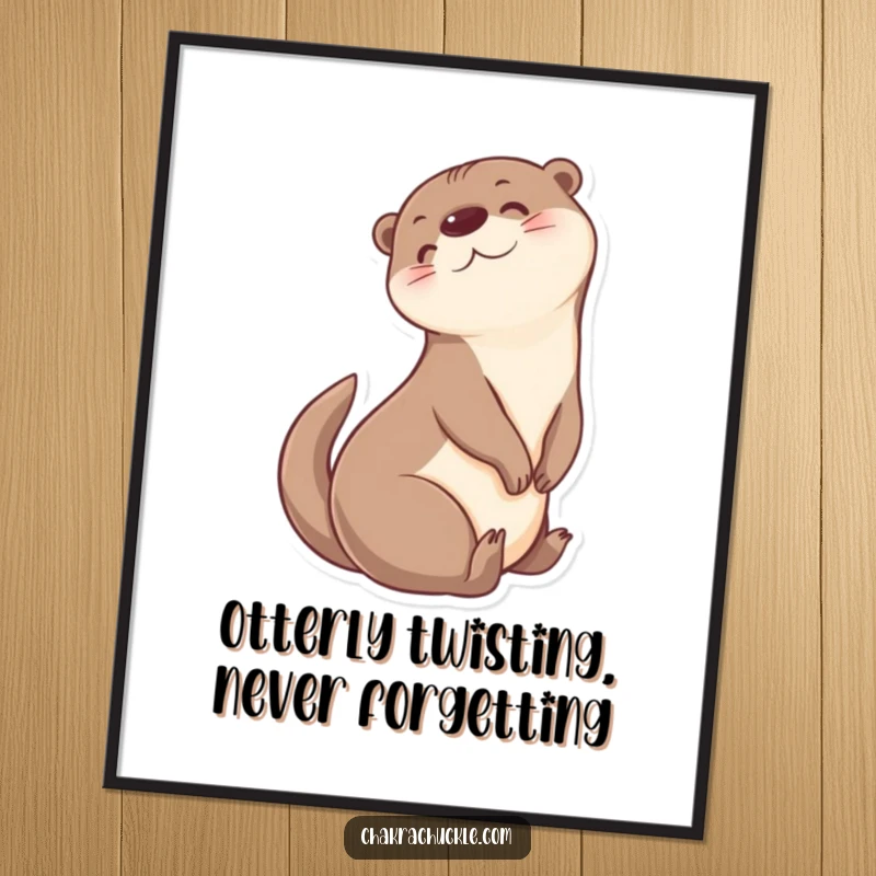 Funny Free Printable otter art, doing a seated twist, looking over shoulder, cheerful downloadable wall decor, print at home.