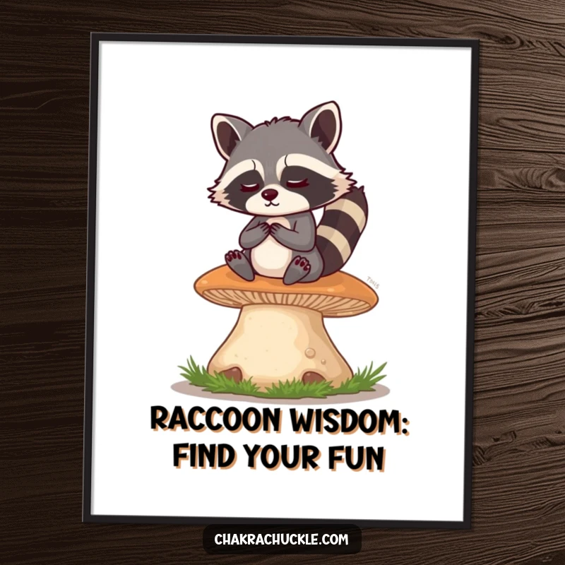 Funny Free Printable Wall Art: A mischievous raccoon sits peacefully meditating on a giant mushroom, eyes twinkling with zen.
