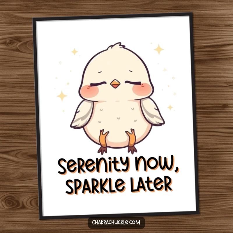 Funny Free Printable wall art of a chirpy sparrow meditating with closed eyes and sparkles, bringing zen and humor to your home.