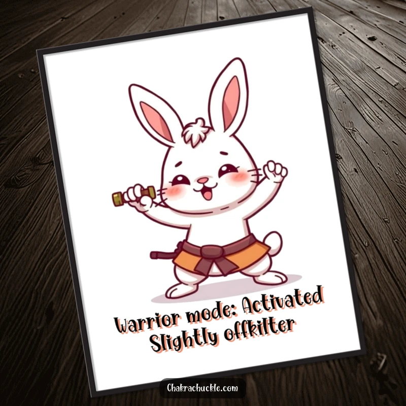 Funny Free Printable Wall Art: A kawaii rabbit attempts a hilarious warrior pose with an amused expression.