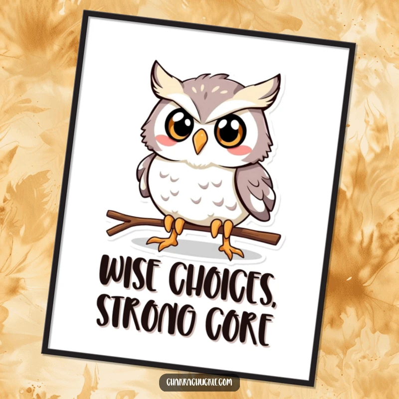 Funny Free Printable wall art of a determined owl holding a plank pose, bringing a humorous and motivational vibe.