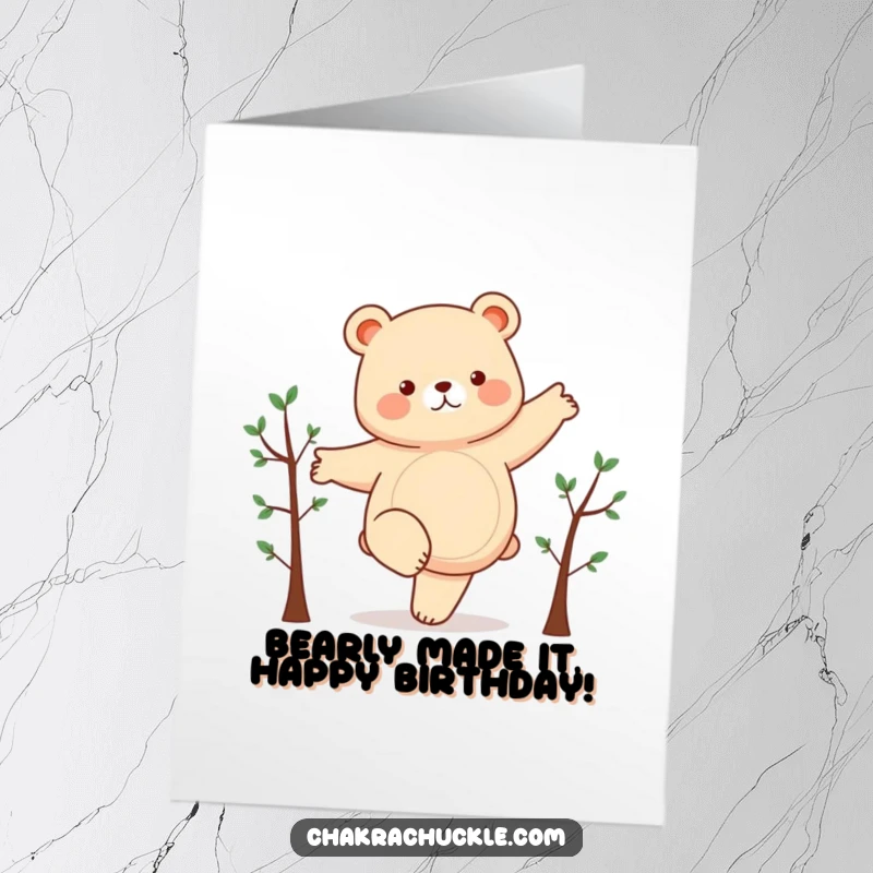 Funny Free Printable Birthday Card featuring a chubby bear hilariously balancing on one leg in a yoga pose.