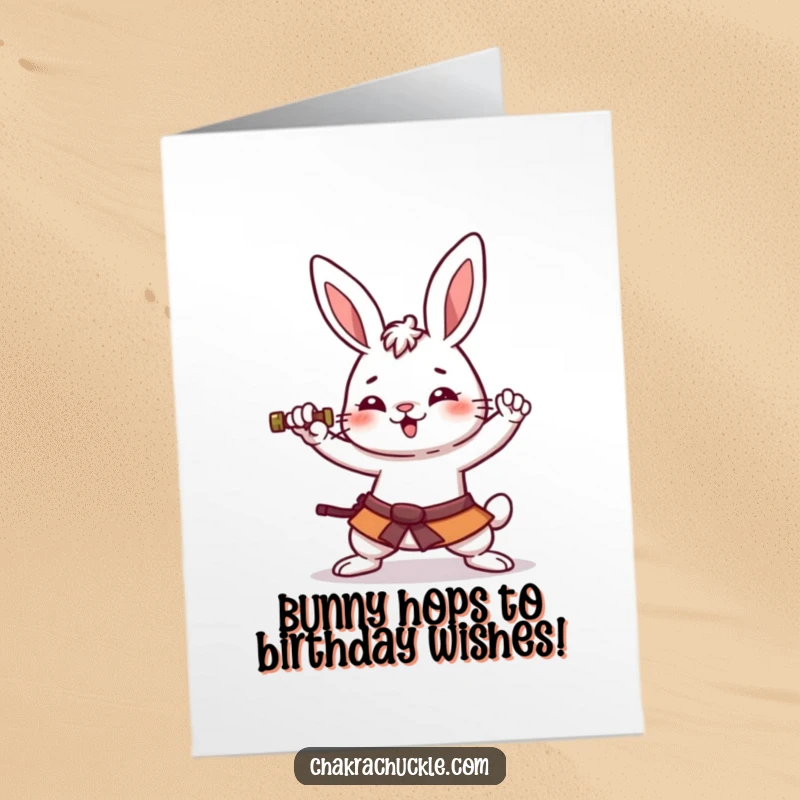 Funny Free Printable Birthday Card featuring a kawaii rabbit hilariously failing a warrior pose with a smile.