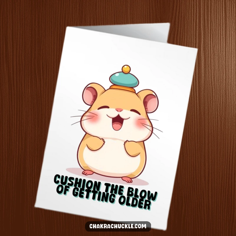 Funny Free Printable Birthday Card: Giggling hamster balancing a tiny meditation cushion on its head, spreading birthday cheer.