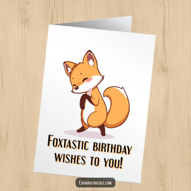 Funny Free Printable Birthday Card: Curious fox in a pretzel pose, playfully chasing its tail, ready to deliver birthday laughs.