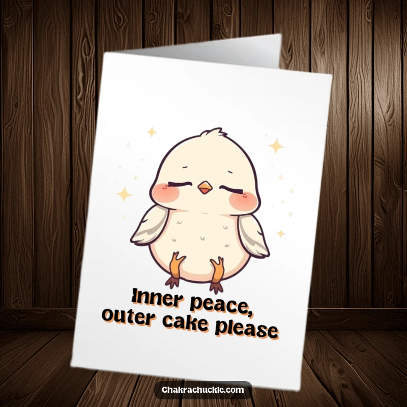 Funny Free Printable birthday card featuring a serene sparrow meditating peacefully with closed eyes and tiny sparkles, perfect for a zen greeting.