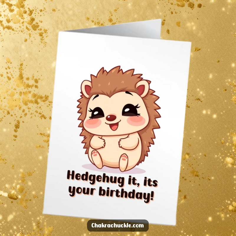 Funny Free Printable birthday card featuring a giggling hedgehog in a happy baby pose, joyfully holding its feet, adorable and cute.