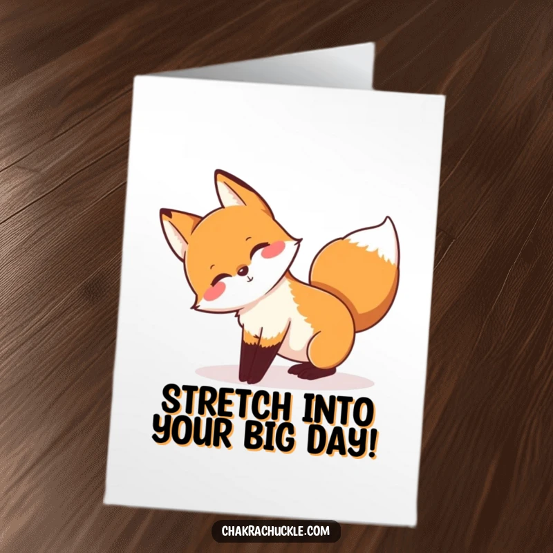 Free printable birthday card of a playful fox in downward-facing dog, stretching limbs, tail wagged, ready for fun.