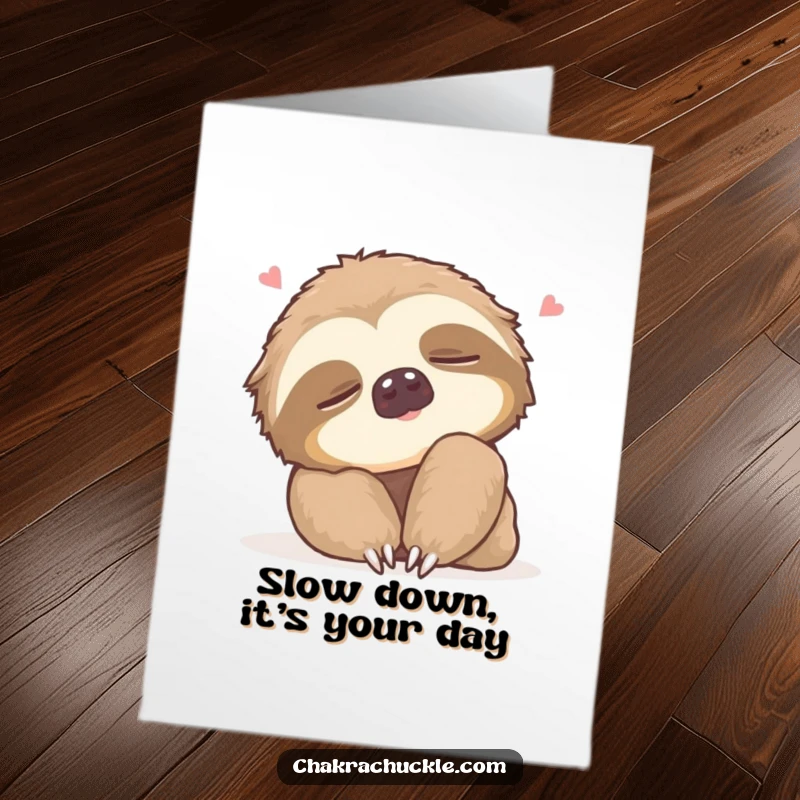 Funny Free Printable Birthday Card: Sleepy sloth gently rolling its neck with a contented sigh, wishing a relaxed birthday.