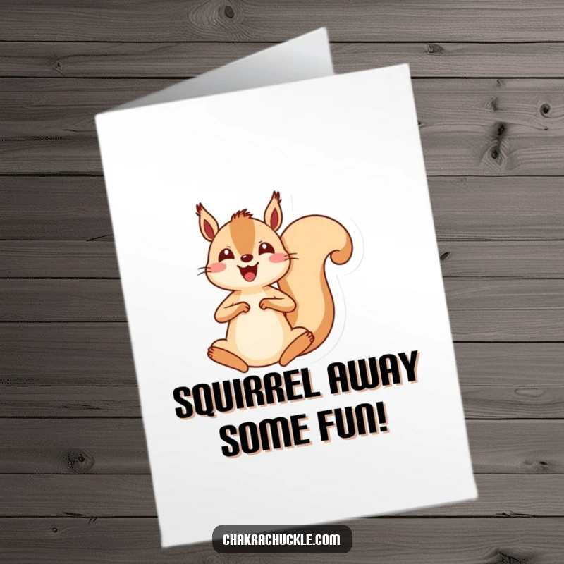 Funny Free Printable Birthday Card: Cheerful kawaii squirrel leaps into a seated meditation pose, a playful greeting.