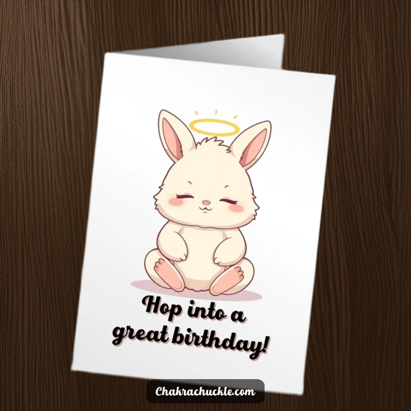 Free printable birthday card featuring a fluffy bunny in a peaceful lotus pose, eyes closed, with a gentle halo.