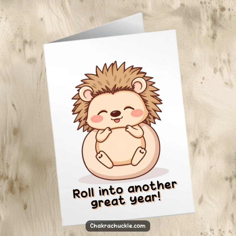 Funny Free Printable Birthday Card: Happy hedgehog meditating, perfectly rolled into a zen ball for birthday cheer.