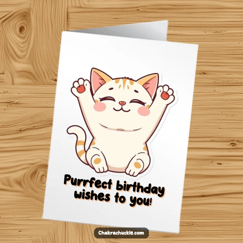 Funny Free Printable Birthday Card featuring a smiling cat stretching peacefully, celebrating with feline grace.