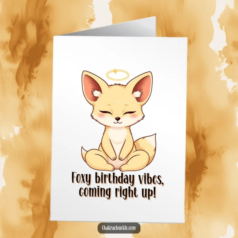 Funny Free Printable Fennec Fox Yoga Card: Serene fox in lotus pose radiating birthday cheer, a divine downloadable gift.