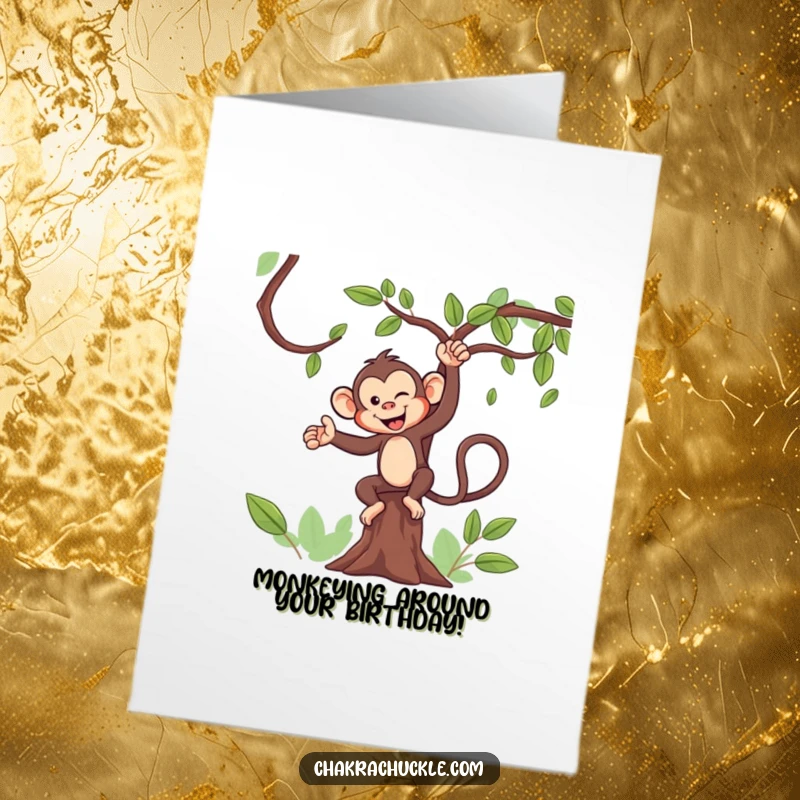 Funny Free Printable Birthday Card featuring a mischievous monkey doing a tree pose with a wink, ready for laughs.
