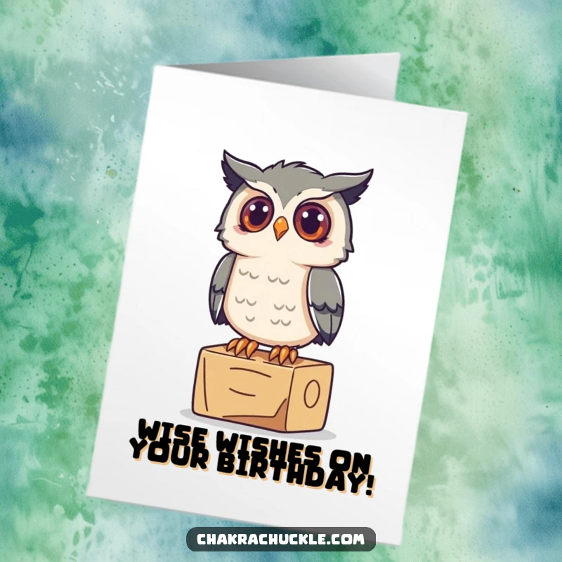 Funny Free Printable Birthday Card with a curious owl on a yoga block, looking up with wonder.