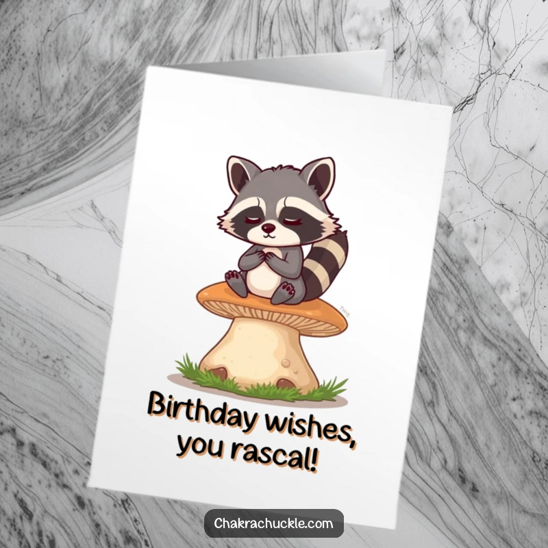 Funny Free Printable Birthday Card: A mischievous raccoon meditates on a mushroom, eyes twinkling, sending birthday wishes.