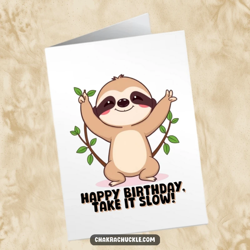Funny Free Printable Birthday card: A happy sloth attempts a tree pose with focused determination.