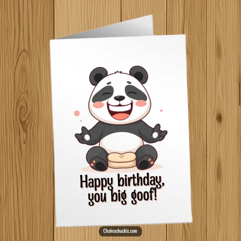 Funny Free Printable Panda Birthday Card: Goofy panda juggling cushions with a huge smile, a hilarious downloadable gift.