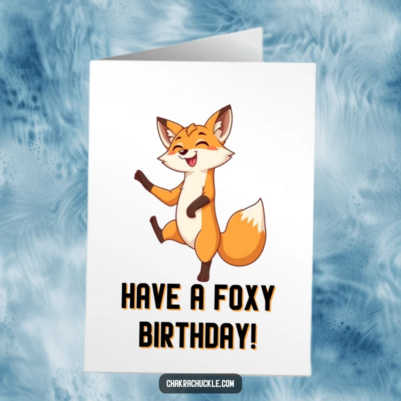 Funny Free Printable Birthday Card: A grinning fox stands gracefully in a tree pose with one leg lifted, celebrating.