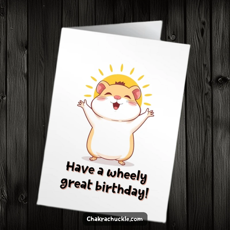 Funny Free Printable Birthday Card: A giggly hamster joyfully waves arms during a sun salutation, celebrating a special day.