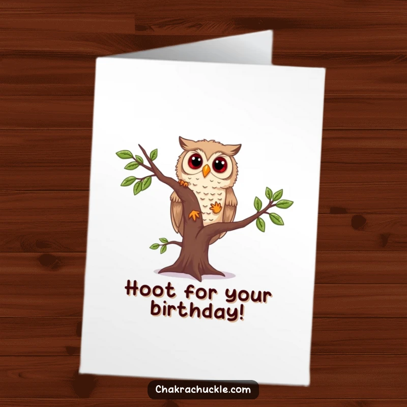 Funny Free Printable Birthday Card: A curious owl hilariously attempting a wobbly tree pose, wishing you a happy birthday.