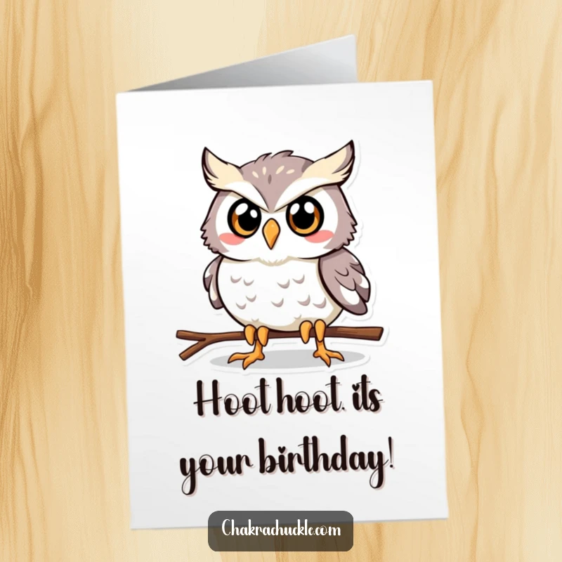 Funny Free Printable birthday card featuring a determined owl holding a strong plank pose, ready to celebrate with humor.