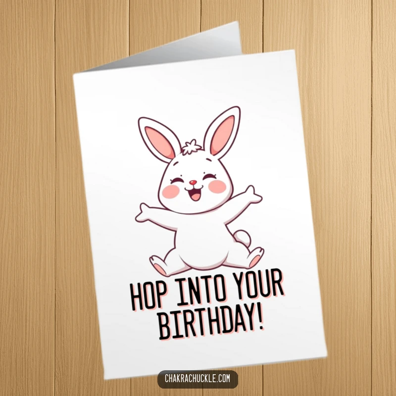 Funny Free Printable Happy Birthday Card: Smiling kawaii bunny in a perfect downward-facing dog yoga pose.