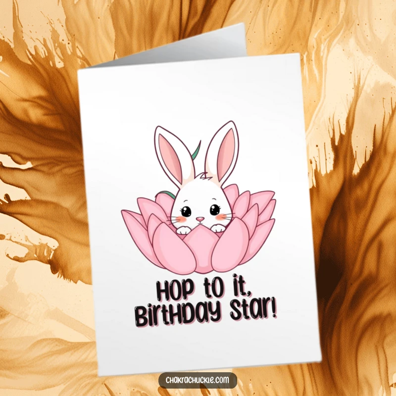 Funny Free Printable Birthday Card: A curious rabbit peeking from a lotus, ready to deliver birthday cheer.