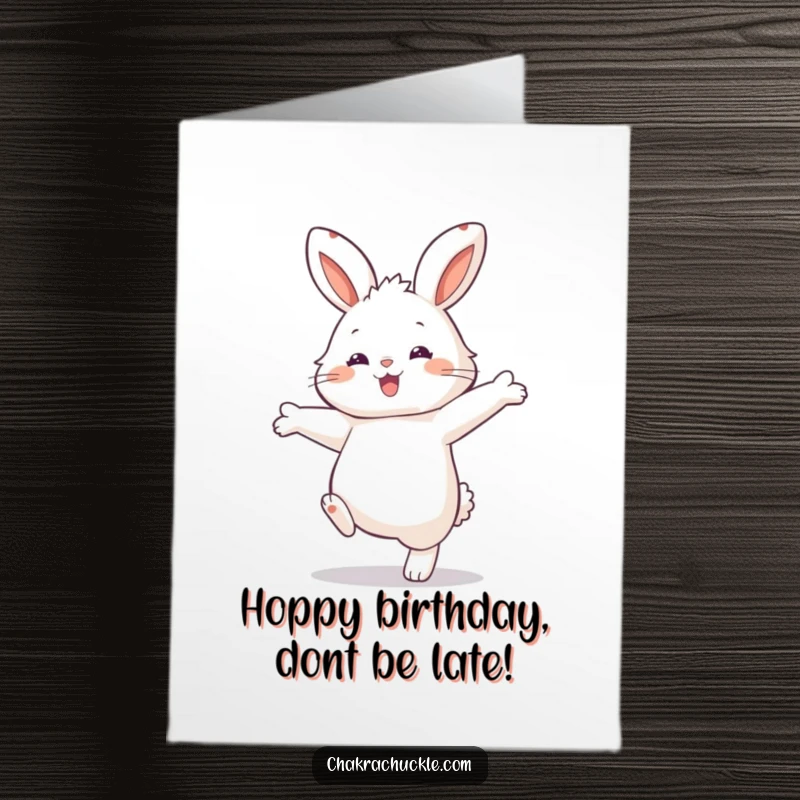 Funny Free Printable Bunny Balance Birthday Card: Cute rabbit balancing on one paw, arms outstretched, looking delighted, a truly funny gift.