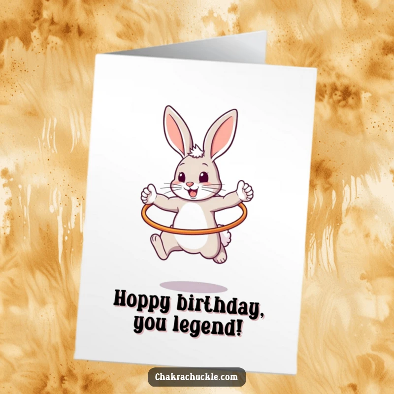 Funny Free Printable birthday card featuring a determined bunny mid-hula hoop, striking a warrior pose with joy.