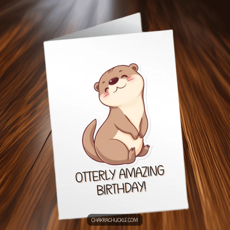 Funny Free Printable otter card, doing a seated twist, looking over shoulder, perfect for a birthday, downloadable greeting.