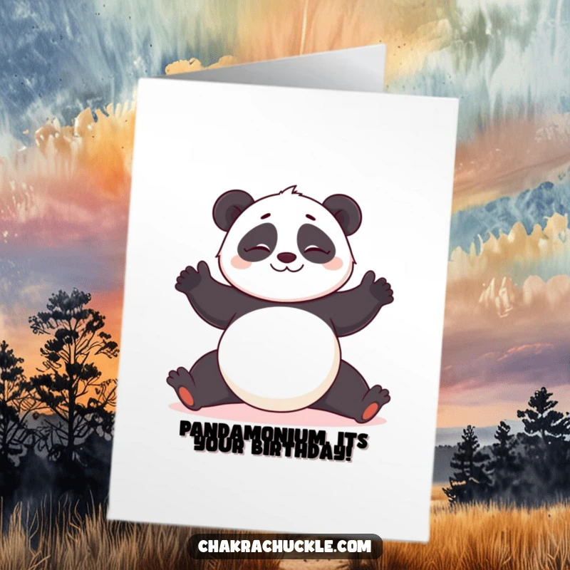 Funny Free Printable Wobbly Panda Yoga Birthday Card: Giggling panda struggling hilariously with a yoga pose, a truly funny birthday surprise.