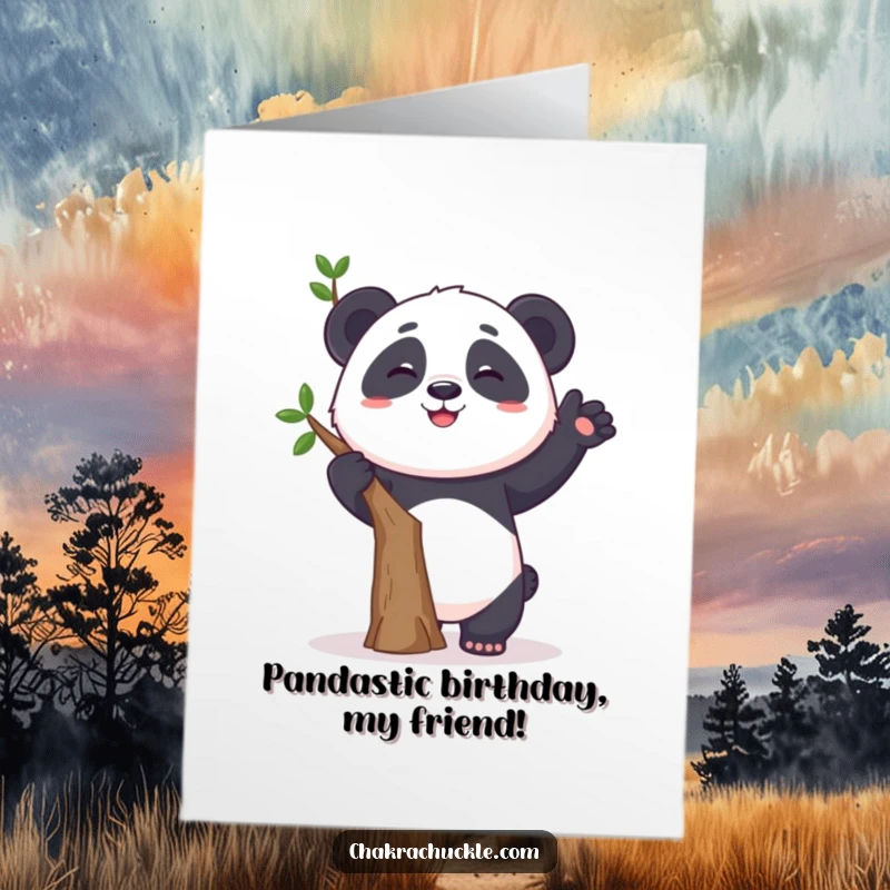 Funny Free Printable Birthday Card with a panda attempting a wobbly tree pose, grinning mischievously, a perfect birthday surprise.