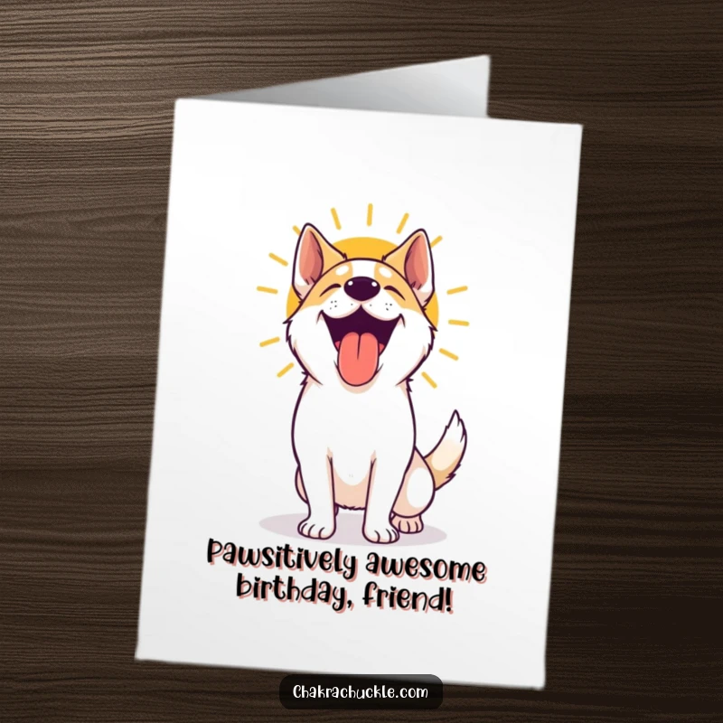 Funny Free Printable Birthday Card: Excited dog doing yoga sun salutation, panting happily, ready to party.