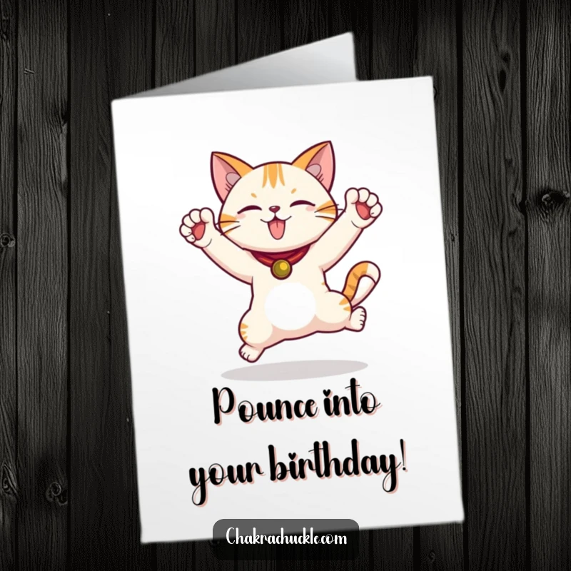 Funny Free Printable Birthday Card featuring an energetic cat in a warrior pose, paws joyfully in the air.