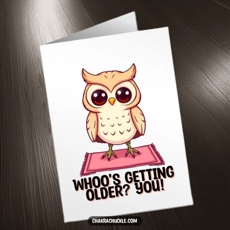 Funny Free Printable Birthday Card: Curious owl wide-eyed, precariously balancing on a tiny yoga mat.